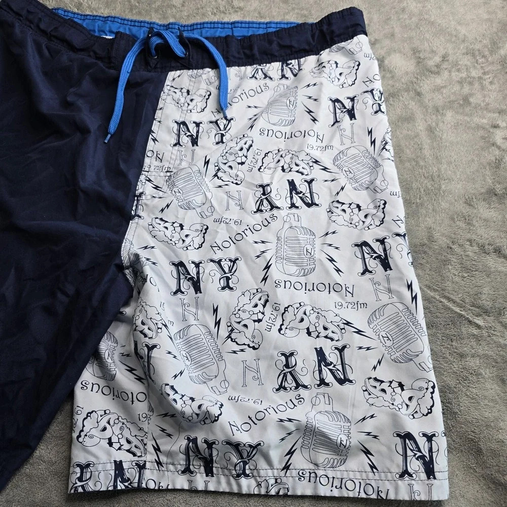 Notorious Big Swin Trunks Shorts Microphone NY Print Music Mens XL Navy Blue